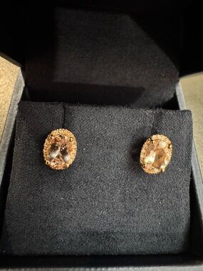 Rose Gold Oval Morganite Stud earrings with natural diamond halo